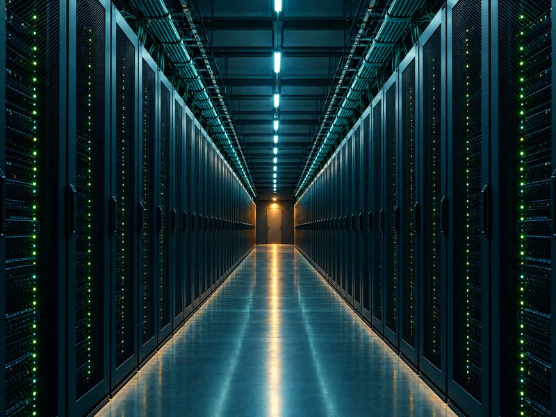 Allée de baies de serveurs dans un datacenter