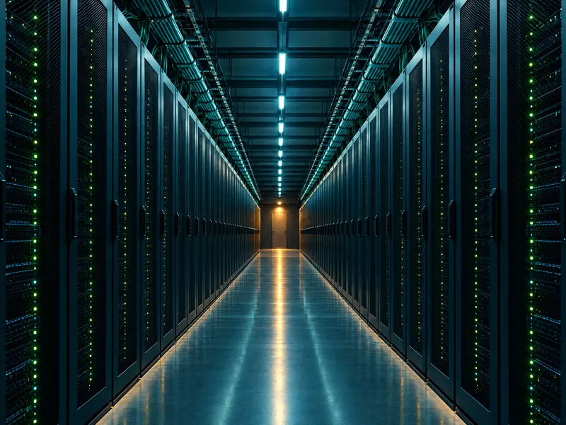Allée de baies de serveurs dans un datacenter