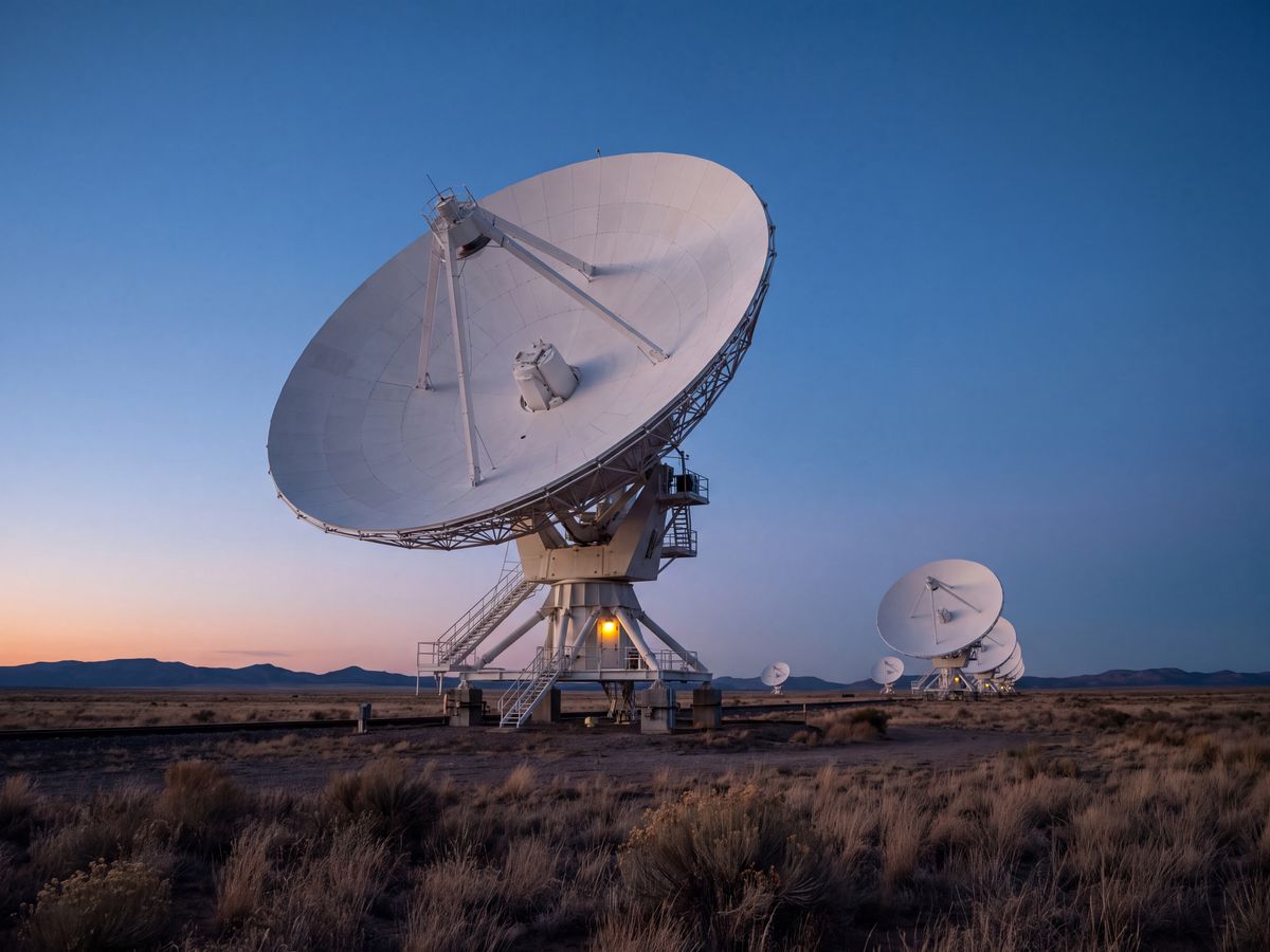 Antenne de radiotélescope à l'heure bleue, dans une plaine désertique