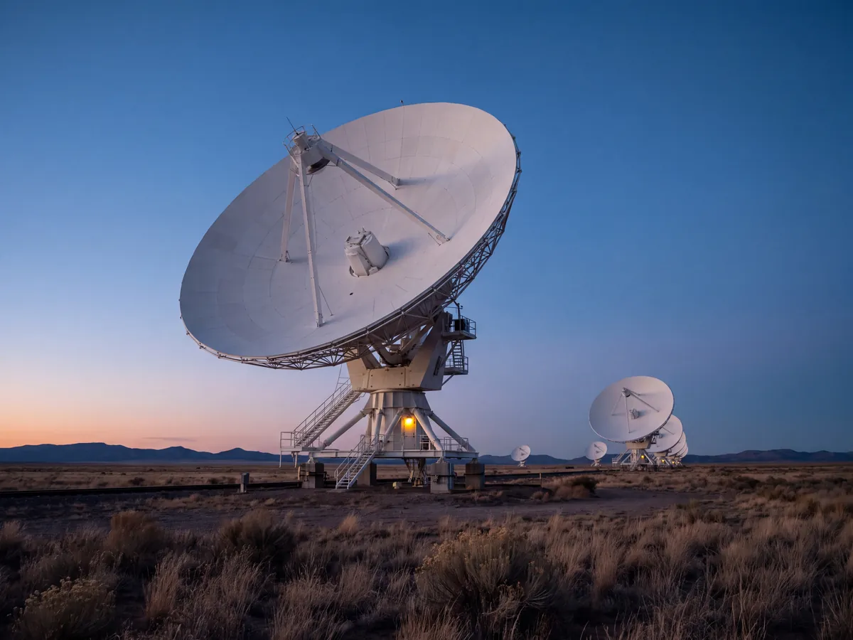 Antenne de radiotélescope à l'heure bleue, dans une plaine désertique