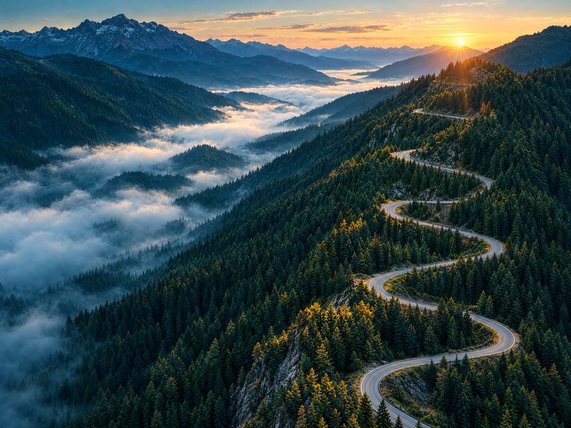 Route de montagne en lacets vers le lever du soleil
